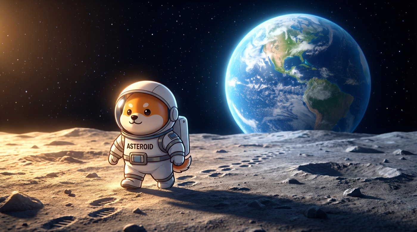 Baby Asteroid — a Shiba Inu in an astronaut suit walking on the moon